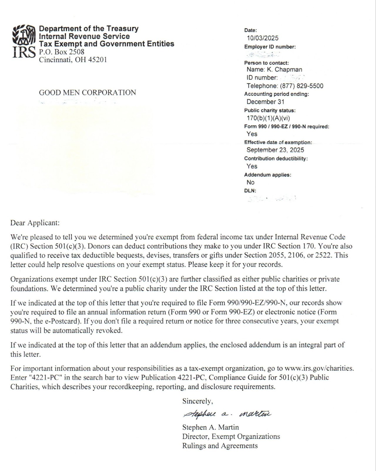 IRS 501(c)(3) Tax-Exempt Application for Good Men Corporation - Federal charitable organization verification