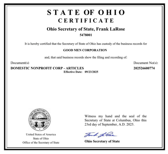 Ohio Certificate of Incorporation for Good Men Corporation - Official State of Ohio nonprofit registration document